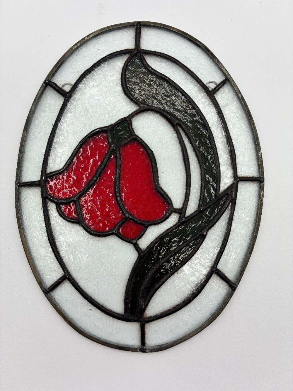 Stained Glass Tulip Window Hanging Mosaic Sun Catcher Red Flower Oval 10"x7.5"